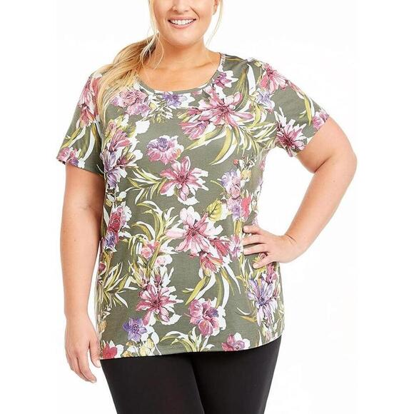 Ideology Tops - Ideology Womens Floral Printed Keyhole Back T-Shirt 3X